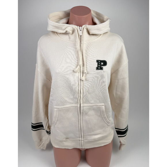 Victoria's Secret Tops - Victoria's Secret PINK Long Sleeve Full Zip Ivory Hoodie Sweatshirt  Size XS